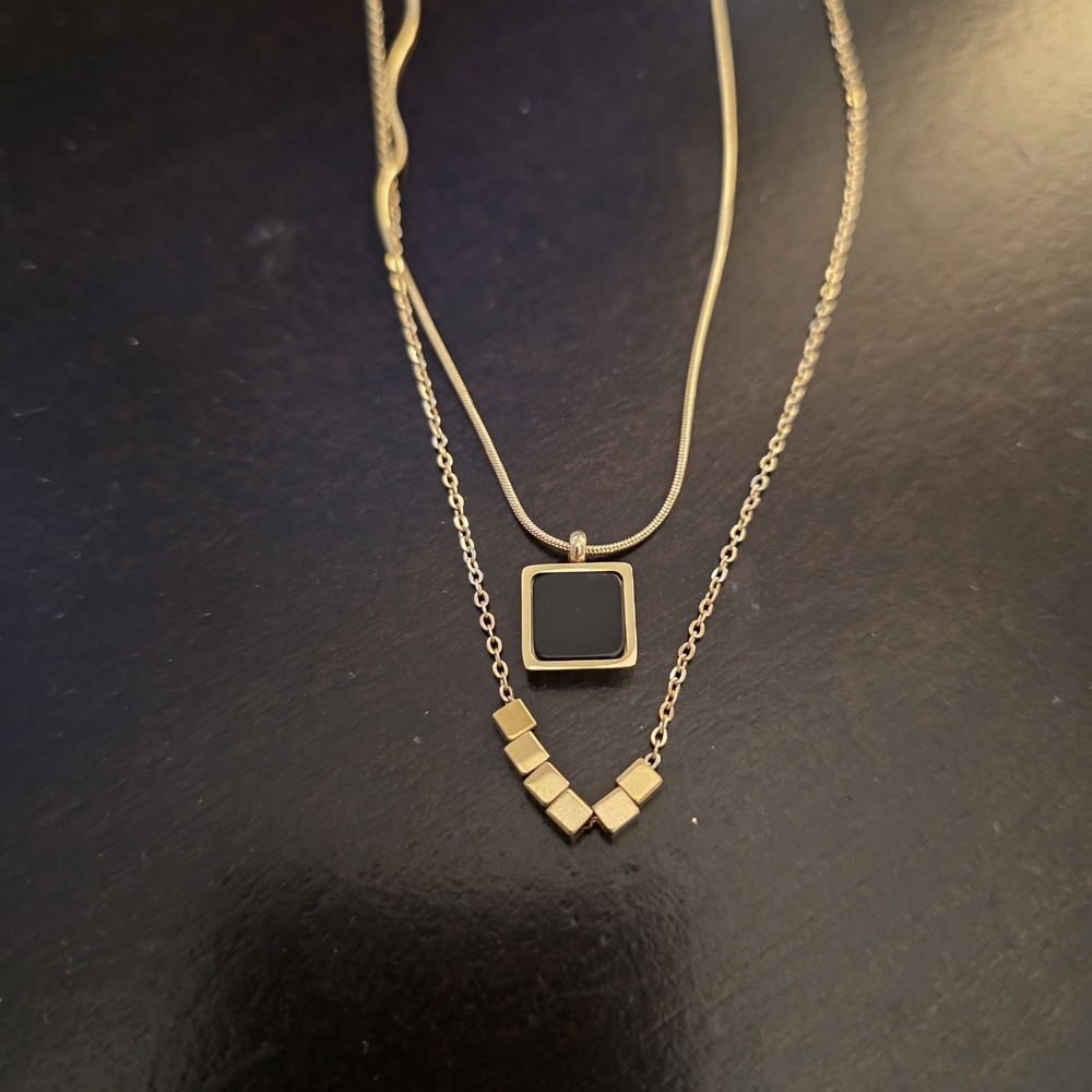 Gold-Tone Layered Necklace with Black Square Pendant